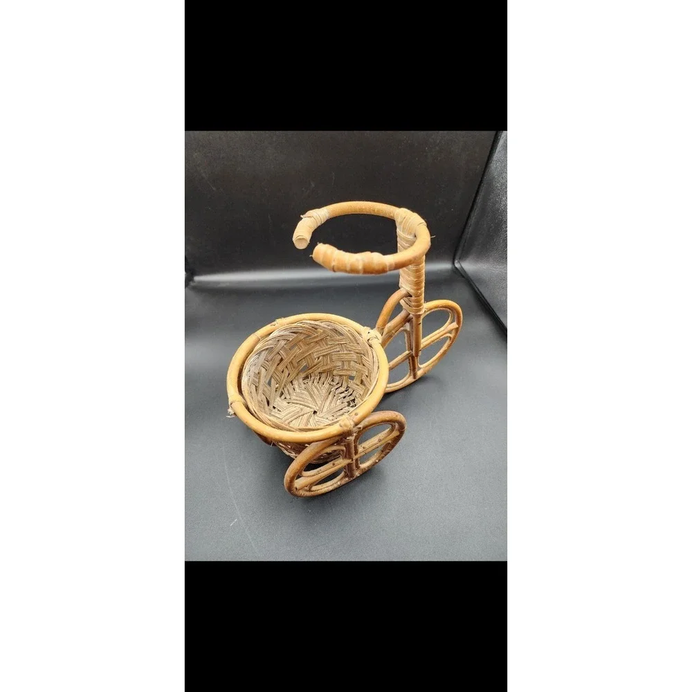 Vtg Wicker‎ Bamboo Tricycle Bike Planter Plant Pot Holder 10